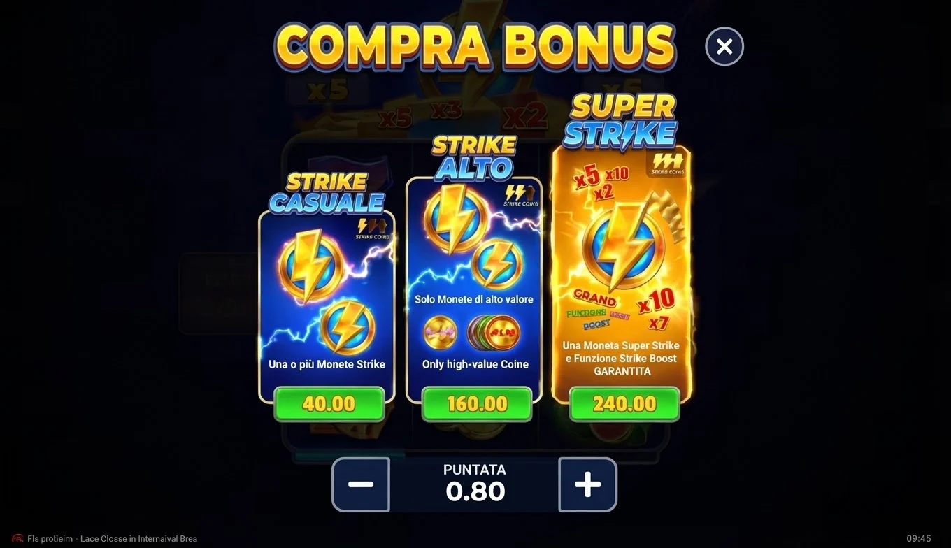 Menu Compra Bonus di Coin Strike 2 - Tre opzioni Strike Casuale 40x, Strike Alto 160x e Super Strike 240x con pulsanti verdi per l'acquisto