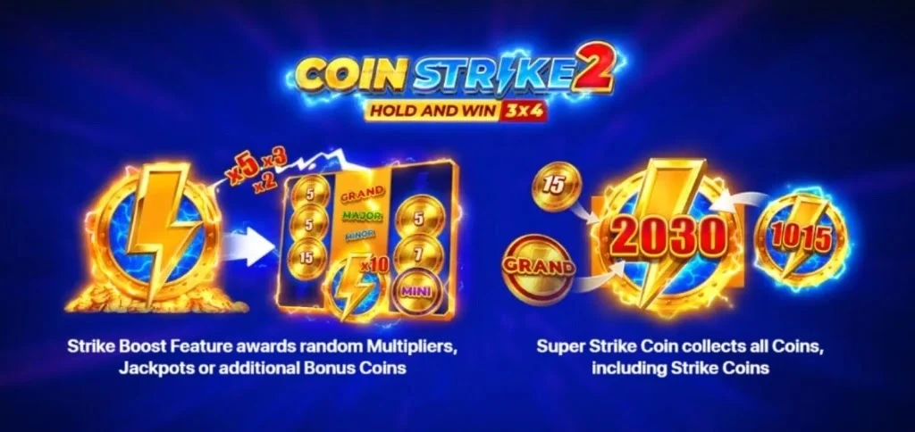 Funzioni Strike Boost e Super Strike Coin di Coin Strike 2 - Illustrazione delle meccaniche bonus con moltiplicatori x2 x3 x5 x7 x10 e raccolta monete