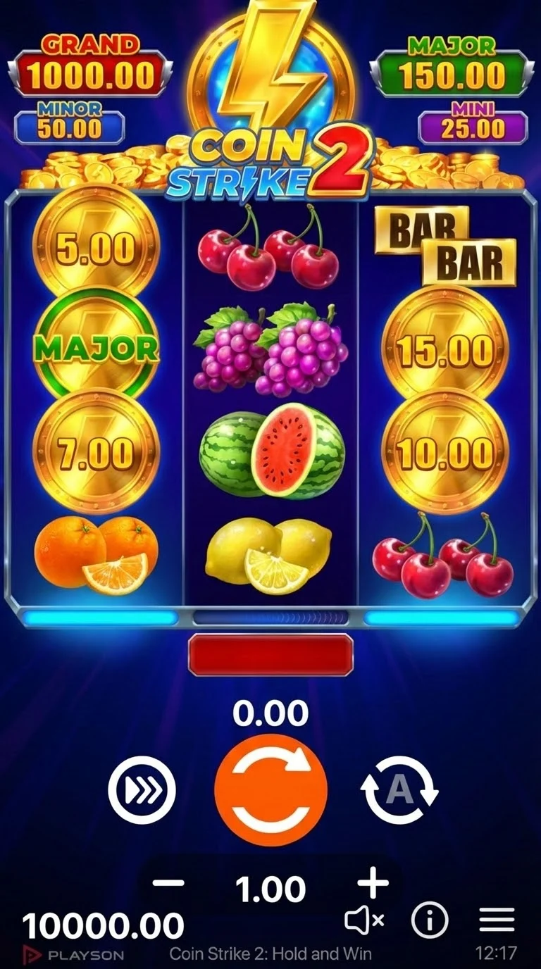 Schermata di gioco Coin Strike 2 - Interfaccia slot con griglia 3x4, simboli frutta classica, monete bonus dorate e jackpot Grand Major Minor Mini visibili