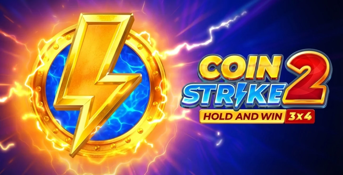 Coin Strike 2 Hold and Win banner promozionale - Griglia 3x4 con fulmine dorato, logo del gioco e effetti luminosi blu e arancione